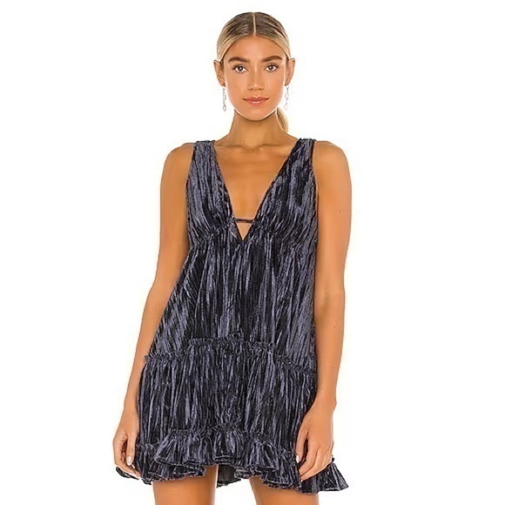 Free People Pleated Plush Swing Dress Velvet Rare Night
